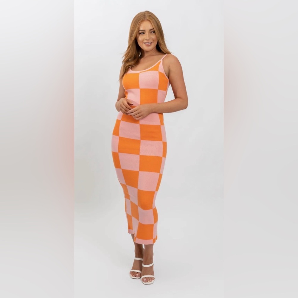 Orange Pink Checkerboard Knit Midi Dress Size S Bodycon Cami Thick Stretch
